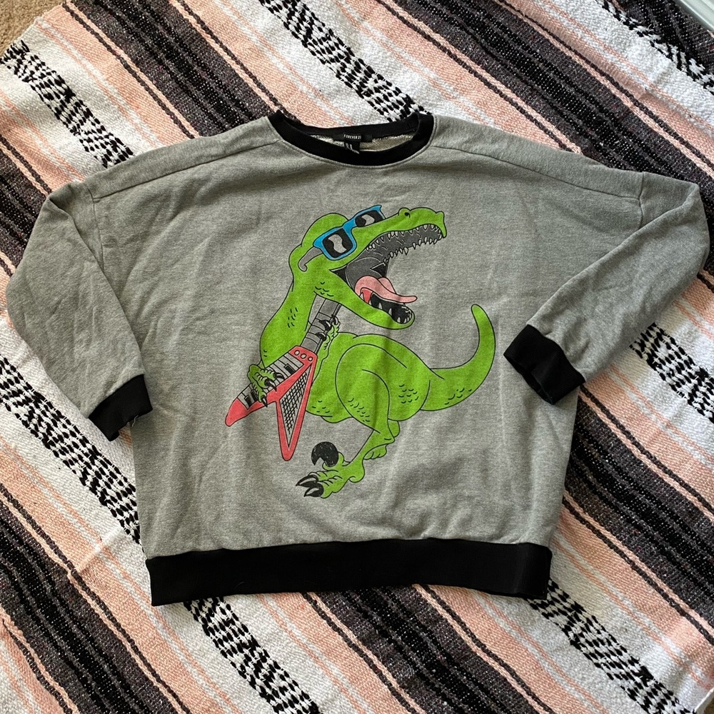 Wacky funny 80s 90s dinosaur rock star sweatshirt